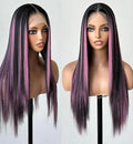 Long Straight Black Wig with Pink/Purple Highlights