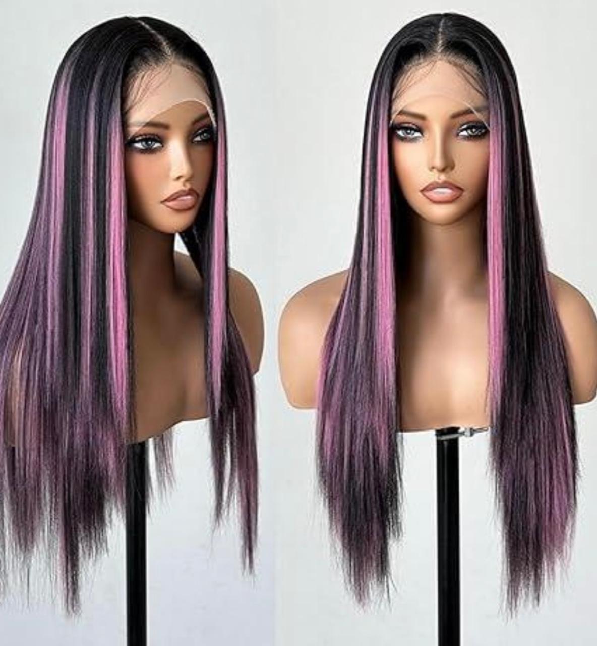 Long Straight Black Wig with Pink/Purple Highlights